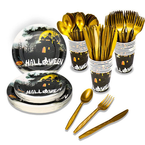150 Disposable Party Tableware Set Happy Halloween Disposable Party Tableware-Black Halloween Paper Plate Cup, Golden Plastic Fork, Knife and Spoon (type2)