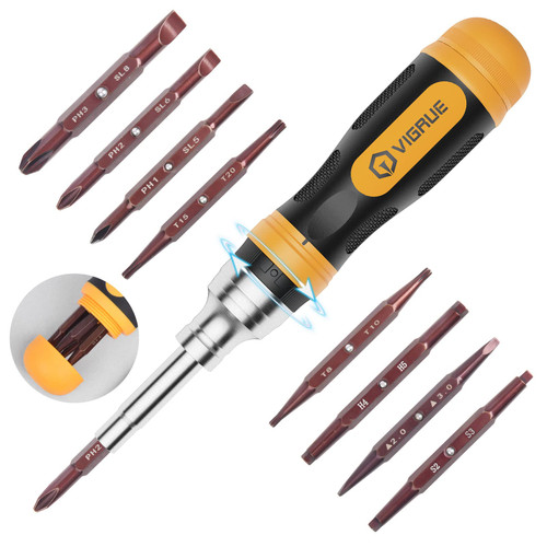 VIGRUE 19-in-1 Ratchet Screwdriver Set, S2 professional-grade Multi-Bit Screwdriver, Multi-purpose Magnetic Precision Driver High- Strength Bits, Slotted/Philips/Pozi/Torx/Hex Best Tool Gift for Man