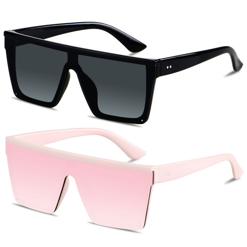 LYZOIT Square Oversized Sunglasses for Women Men Big Flat Top 2 pack Fashion Shield Large UV Protection Rimless Shade Pink Mirrored Sun glasses