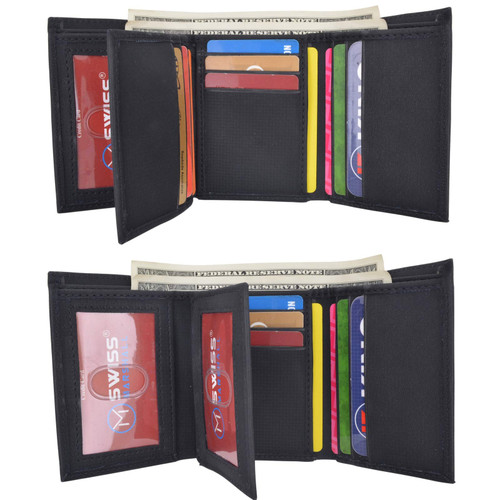 Swiss Marshall Men's Vegan Leather RFID Trifold Wallet with 2 ID Windows Extra Capacity (Black)