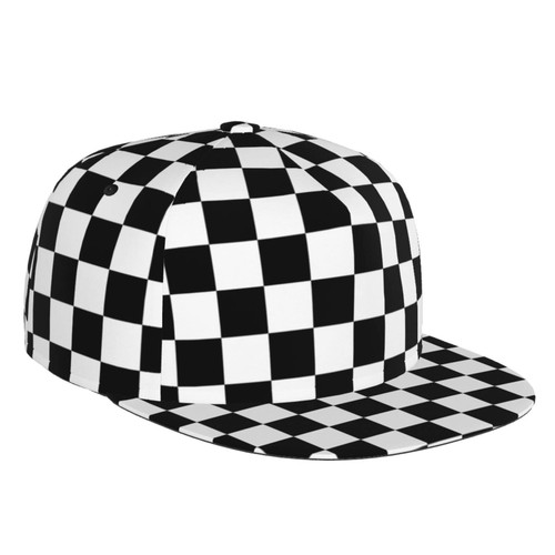 LOGMOR Black White Race Checkered Flag Pattern Flat Bill Hat, Unisex Snapback Baseball Cap Hip Hop Style Flat Visor Blank Adjustable