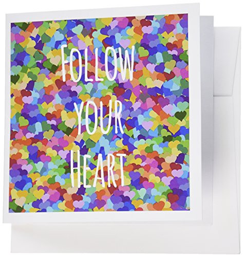 3dRose Follow your heart - Inspiring - motivational affirmation - motivating - rainbow hearts - Greeting Cards, 6 x 6 inches, set of 6 (gc_151343_1)