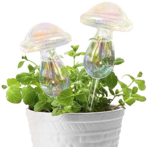 KiKiHeim Plant Watering Globes, Iridescent Self Watering Globes, Hand Blown Automatic Plant Waterer, Clear Glass Water Bulbs for Indoor Plants, 2 Pcs Mushrooms KiKiHeim Plant Watering Globes, Iridescent Self Watering Globes, Hand Blown Automatic Plant Waterer, Clear Glass Water Bulbs for Indoor Plants, 2 Pcs Mushrooms