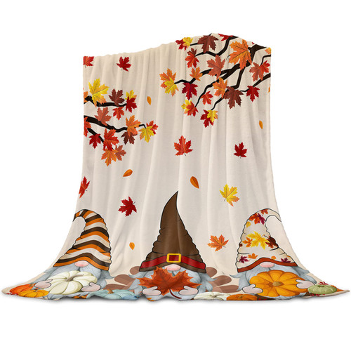 Artwork Store Lightweight Warm Throw Blanket Fall Gnomes Harvest Farm Pumpkin Maple Leaves Flannel Fleece Blankets and Throws, Super Soft Plush Blanket for Sofa Bed and Couch 50x60 Inch