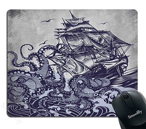 Smooffly Mouse Pad Personalized Octopus,Customized Rectangle Non-Slip Rubber,Sail Boat Waves and Octopus Old Look Gaming Mouse Pad