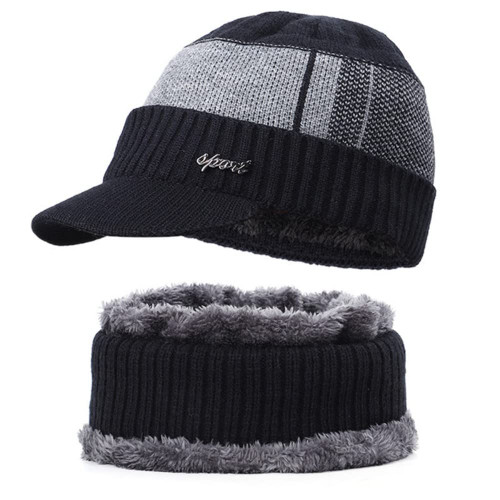 Warm Winter Men Hat Thick Knit Beanie Cap Fleece Lined Skull Ski Cap Newsboy Cap with Brim for Outdoor Sport (Black Set)