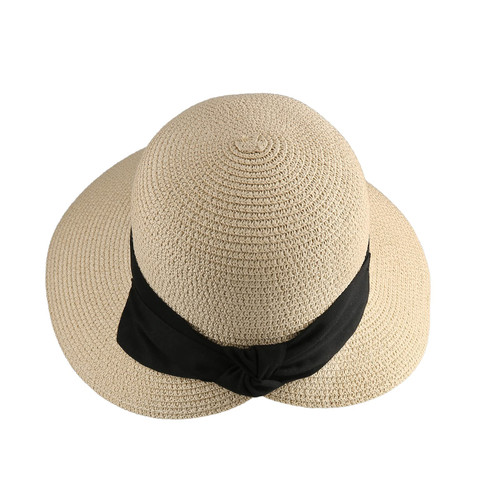 Surblue Women's Straw Sun Hat Wide Brim Foldable Panama Roll up Cap Fedora Beach Sun Hat Floppy Summer Hat with Decorative Bow UPF50+ Protection? Beige
