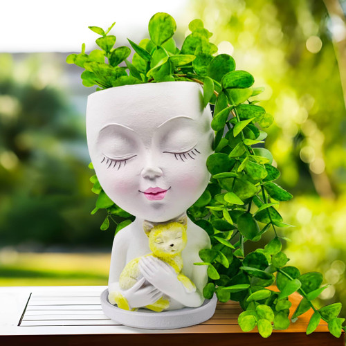 LINHUAAOO Face Planters Pots Head Planter - Plant Pots Succulent Planters Resin Flower Pot for Indoor Outdoor Plants, Hugging Cat Unique Face Flower Pots with Drainage Hole for Home Garden, White LINHUAAOO Face Planters Pots Head Planter - Plant Pots Succulent Planters Resin Flower Pot for Indoor Outdoor Plants, Hugging Cat Unique Face Flower Pots with Drainage Hole for Home Garden, White