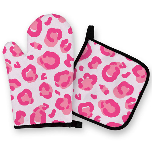 OHSUL Pink Leopard Oven Mitts and Pot Holders Sets, Pink Leopard Print Kitchen Decor Accessories, Hot Pink Cheetah Print Heat Resistant Oven Gloves Hot Pads for Kitchen Cooking Baking Grilling