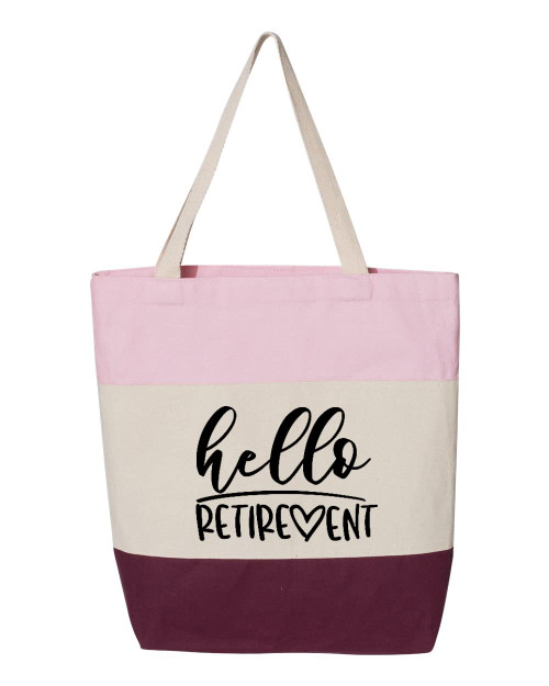 H3GRUP Hello Retirement Gift Bag Women Happy Retirement Tote Bag Cute Retire Bag Retire Bag Retirement Party Bag (Tri-Color Pink, 15" L x 15" H x 3" D)