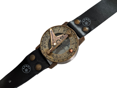 EXNOT Maritime Steampunk Sundial Brass Compass Wrist Watch Antique Navigation Leather Bracelet, Black