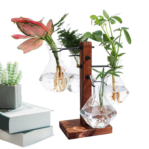 Desktop Air Planter Holder, Glass Planter Bulb Vase, Wood and Glass Terrarium, Plant Propagation Station, Indoor Plant Terrarium Stand, Home Plant Terrarium Kit for Hydroponics Home Garden Decoration