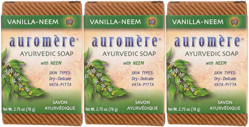 Auromere Ayurvedic Bar Soap, Vanilla Neem - Eco Friendly, Handmade, Vegan, Cruelty Free, Natural, Non GMO (2.75 oz), 3 pack Auromere Ayurvedic Bar Soap, Vanilla Neem - Eco Friendly, Handmade, Vegan, Cruelty Free, Natural, Non GMO (2.75 oz), 3 pack