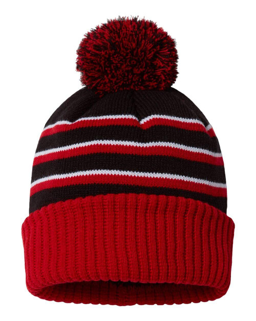 Winter Soft Unisex Cuff Pom Pom Multi Color Stripe Knit Beanie Hat, Black/Red/White, 1 Count, 1 Pack