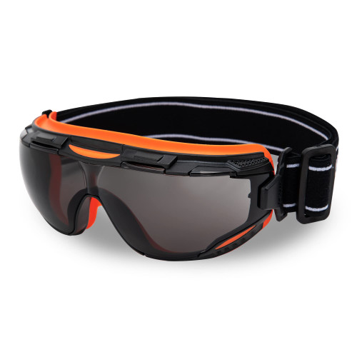 DEX FIT Protective Safety Goggles SG220; Anti Fog & Scratch, Z87 Eye Protection for Lab, Science, and Chemistry Work, Adjustable for Women and Men, (Black & Orange Frame, Tinted Lens, 30cm Strap)