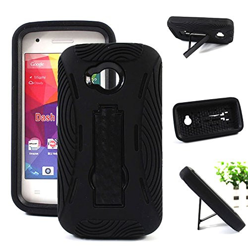 For BLU Dash J D070X 4.0" (NOT FOR THE BLU Dash M, X , J or any other 4.0" Blu Dash, Advance or Studio Phone ) Premium Rugged Heavy Duty Case Kickstand Perfect FIT (Black on Black)