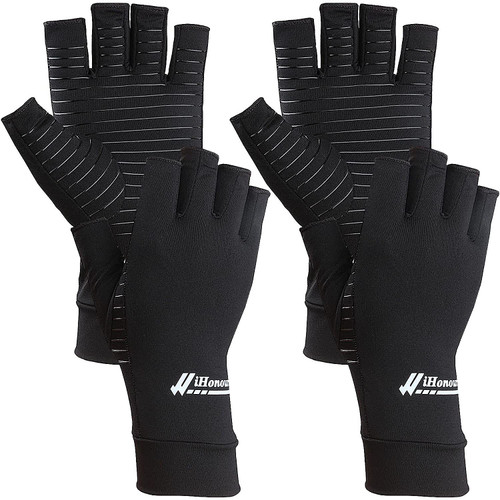 2 Pairs Copper Arthritis Gloves - Compression Gloves for Arthritis Pain Relief Rheumatoid Osteoarthritis Carpal Tunnel, Fingerless Copper Gloves for Typing, Daily Work - for Women Men Black (Medium)