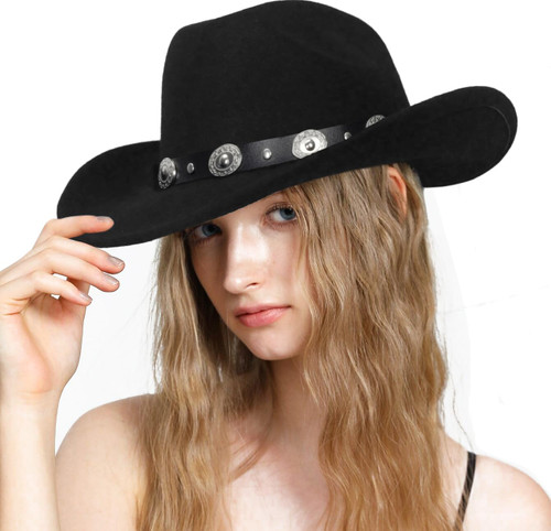 Womens Western Cowboy Hat for Cowgirl - Wide Brim Felt Fedora Hat with Buckle Belt, Medium