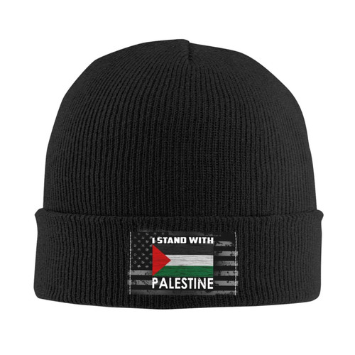 Rqwaaed I Stand with Palestine Free Palestinian Flag Beanie Hats Warm Chunky Cable Knit Hat Slouchy Skull Cap for Women Men Black