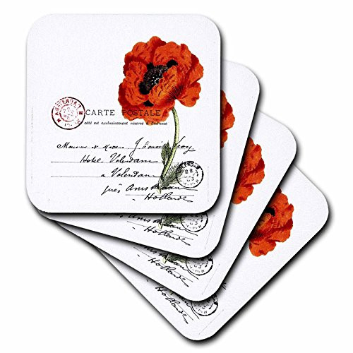 3dRose Carte Postale Vintage Poppy - Soft Coasters, Set of 4 (CST_178830_1)