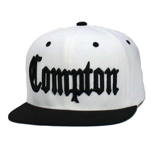 CHL Trading Compton Hat Cap 3D Embroidered Cotton Snapback Size Adjustable Flat Bill Baseball Cap (White - Black)