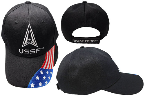 USSF United States Space Force USA Flag On Bill Black 100% Acrylic Adjustable Embroidered Cap Hat