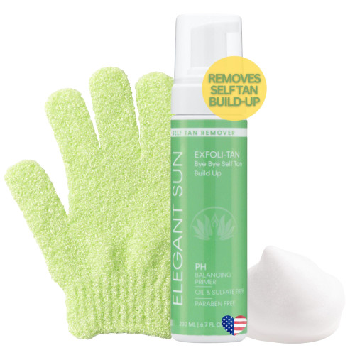 Elegant Sun EXFOLI-TAN Mousse Self Tan Remover Eraser + Exfoliating Body Wash Mitt Glove | Foaming Sunless Self Tan Eraser Remover | Fake Tan Remover Exfoliator | Spray Tan Remover + Exfoliating Mitt