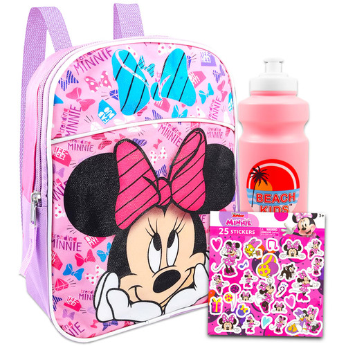 Disney Minnie Mouse Mini Backpack For Girls, Kids ~ 3 Pc Bundle With 12" Minnie School Bag, Water Pouch, Stickers, and More (Minnie Mouse School Supplies Set)