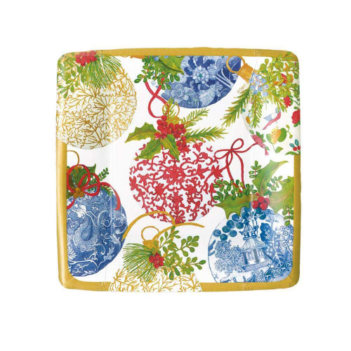 Caspari Porcelain Ornaments Square Paper Salad & Dessert Plates - 16 Count