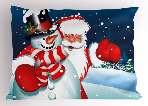 Ambesonne Christmas Pillow Sham, Smiling Santa Claus Hugging Snowman in Cartoon Style Winter Hills Fir Trees, Decorative Standard Queen Size Printed Pillowcase, 30" X 20", White Blue