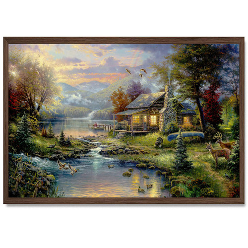 Thomas Kinkade Canvas Painting - Village Prints Pictures Farmhouse Mountain Lake Nature Wall Art for Living Room Bedroom Decor 16x24 Inch Unframed