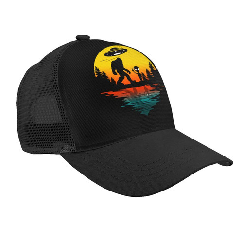 UFO Alien and Bigfoot Moon Mesh Baseball Hat Unisex Adult Fashion Trend Punk Hip Hop Sun Hat Dad Caps Baseball Cap Trucker Cap Adjustable Black