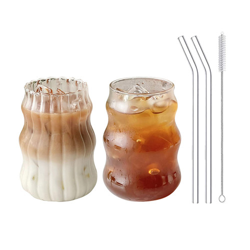 Maritown 2 Pcs Ribbed Glassware Drinking Glasses with Straws, 18oz Ripple Glass Cups, Iced Coffee Glasses, Wave Shape Beverage Glasses, Cute Tumbler Cup for Cocktail Whiskey Beer Tea Smoothie Juice