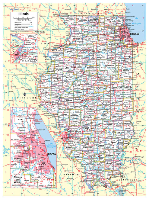 Cool Owl Maps Illinois State Wall Map Poster Large Print Rolled 24"Wx30"H (Paper)