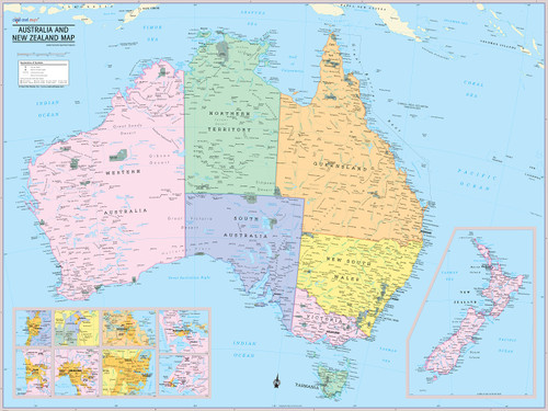 Cool Owl Maps Australia & New Zealand Wall Map Poster (Paper 32"x24")