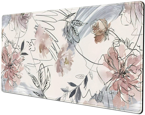 Desk Mat, Abstraction Hand Painted Flowers Extended Gaming Mouse Pad (31.5x15.75 in), Cute Large Non-Slip Rubber Base Mousepad with Stitched Edges, Keyboard Mouse Mat Desk Pad for Game Office