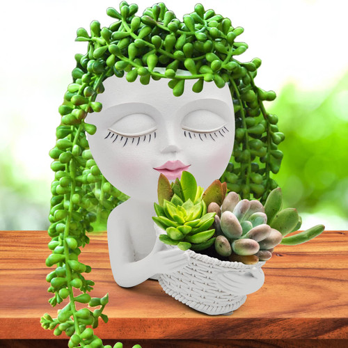 Toparad Face Plant Pot - Double Flower Pots Planters for Indoor Outdoor Plants Resin Head Planter with Drainage Hole Cute Lady Face Plant Pots, Garden Decoration Planters (White)