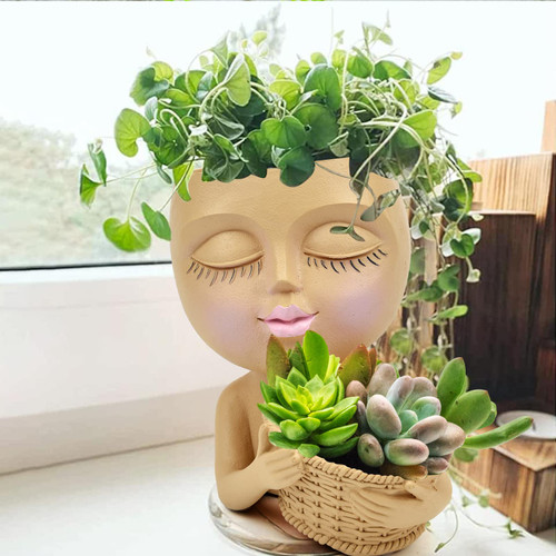 Toparad Face Planter Pot, Double Flower Pots in One for Indoor Outdoor Plants Resin Head Succulent Planter with Drainage Hole Cute Lady Face Plant Pots (Light Brown)