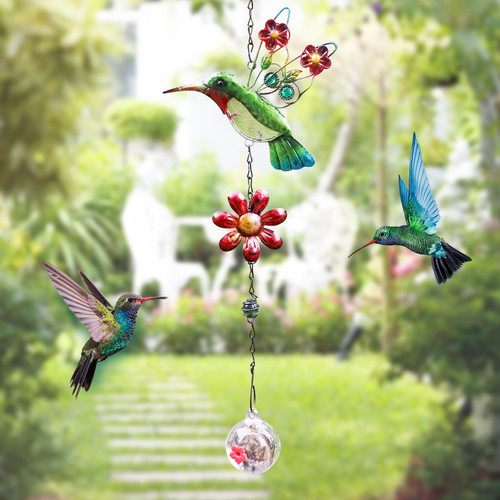 Humming Birds Feeders for Outside, Hummingbird Feeder, Outdoor Glass Orb Hummingbird Nectar Feeder with Hanging Metal Hummingbird Ornament, Hummingbird Decor for Outside Outdoor Backyard