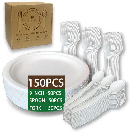 Disposable Paper Plates Set Biodegradable Extra Long utensils, Compostable Forks and Spoons Eco Friendly Silverware Cutlery Dinnerware FSP