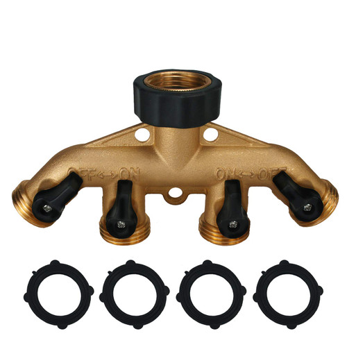 4 way brass hose splitter, brass hose splitter, garden hose splitter, solid brass splitter, garden hose valve, heavy duty garden hose connector.