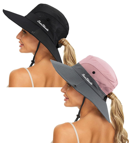 Women's Summer Sun-Hat Ponytail - UV-Protection Mesh Wide Brim Foldable Hat with Ponytail Hole (Black+Pink, One Size)