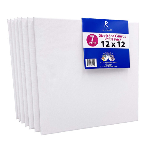 Pre Stretched Cotton Canvas, 12x12 Inch | 7 Pack of Triple Primed Blank White Artists Canvases | Art Supplies for Painting, Acrylics, and Oil Paint | Value Set