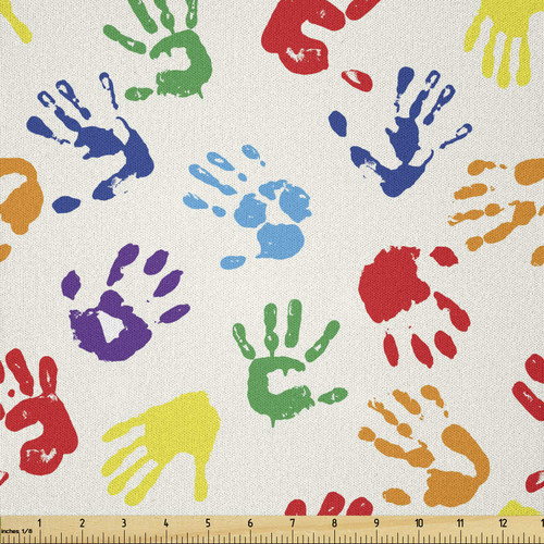 Lunarable Paint Fabric by The Yard, Colorful Hand Shapes Fingerprints Rainbow Palette Abstract Activity Pattern, Microfiber Fabric for Arts and Crafts Textiles & Decor, Multicolor
