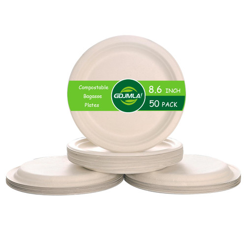 GDJMLai 100% Compostable Paper Plates 8 1/2 Inch [100-Pack] Heavy Duty Paper Plates Eco Friendly Disposable Plates, Made of Natural Sugarcane Fibers Biodegradable Plates Microwave & Oven Safe