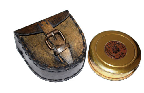 FICUS GIFT Antique Brass Marine Pocket Compass Vintage Poem Compass Authentic Vintage Style Brass Pocket Compass with Leather Case Black Round Compass 3 inch