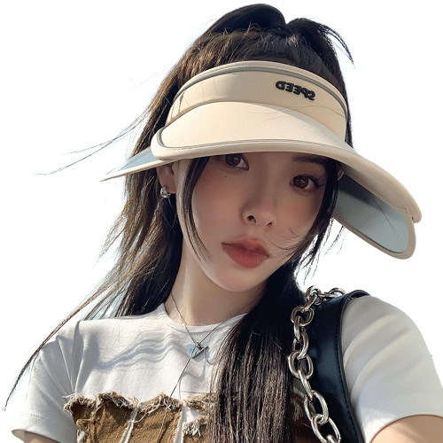 Sun Visor Hat for Women with Retractable Brim UV Protection Wide Brim Golf Visor Cap Tennis Running Sunshade Hat Beige