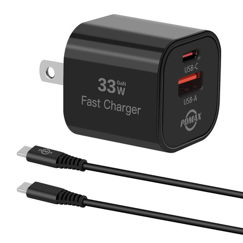 PDMAX iPhone 15 Charger Fast Charging, USB C Charger Block 33W GaN, Dual Port Type C & A Wall Charger with 6FT Cable for iPhone 15/15 Pro/15 Pro Max iPad Pro/Air/Mini Galaxy Pixel and More(Black)