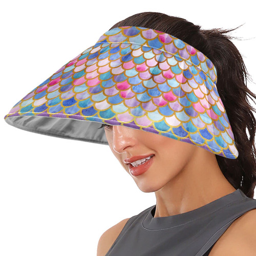 ZZXXB Mermaid Fish Scale Women Sun Visor Hat Wide Brim Hats Foldable Summer UV Protection Ponytail Visors for Beach Golf Tennis Running
