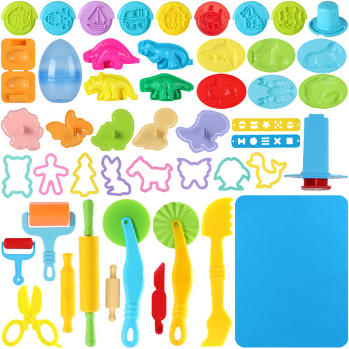 Oun Nana Playdough Tools 53 PCS Dough Tools Kits for Kids, Playdough Accessories Various Shape Molds, Animal, Dinosaur, Stamps, Scissors, Extruder, Cutters, Rollers, Dough Mat with Storage Bag